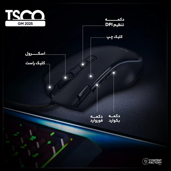 ماوس سیم دار گیمینگ تسکو ( TSCO) مدل  TDCO GM 2025 (گارانتی 12 ماهه توسن سیستم شرق )