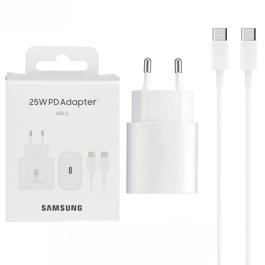 شارژر گوشی 25 وات سامسونگ با کابل دو سر Type C سفید اورجینال صد در صد ( گارانتی 6 ماهه پاریان پایا)