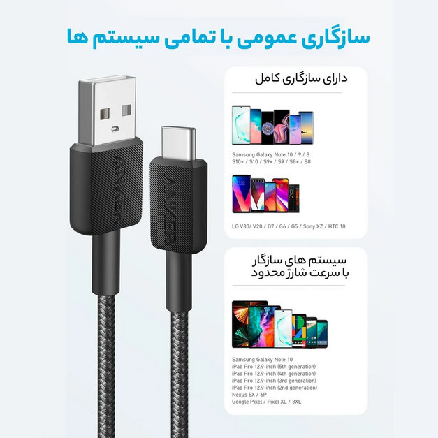 کابل شارژ USB به Type-C انکر (Anker) مدل A81H5H11 (گارانتی 18ماهه حافظه طلایی ایستا)