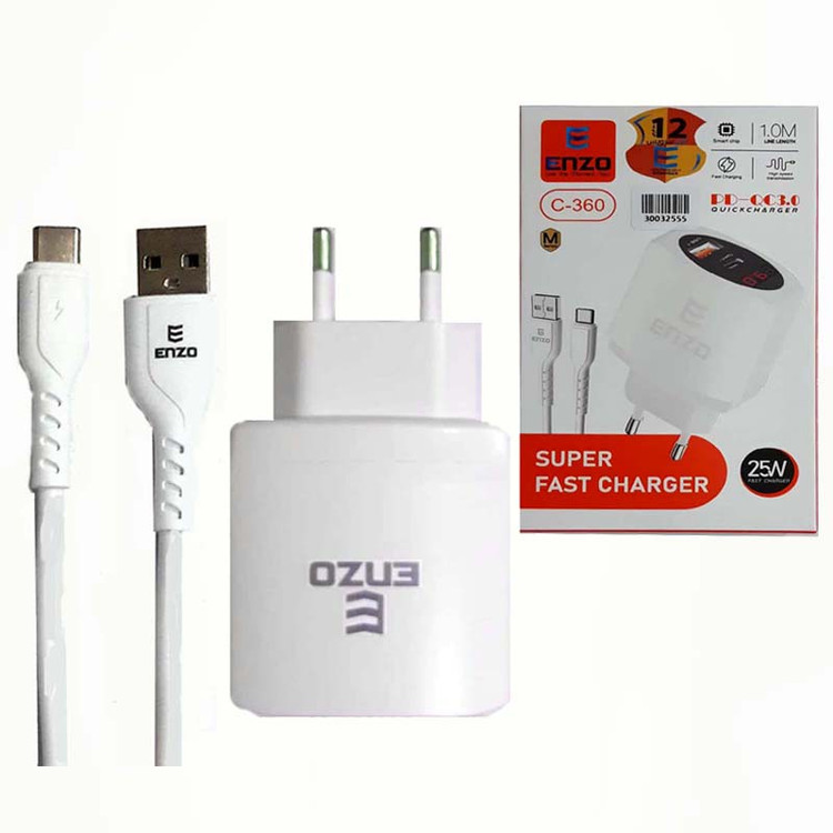 شارژر دیواری سوپر فست 25 وات انزو مدل C-360 با کابل Type C( گارانتی 12 ماهه انزو سرویس )
