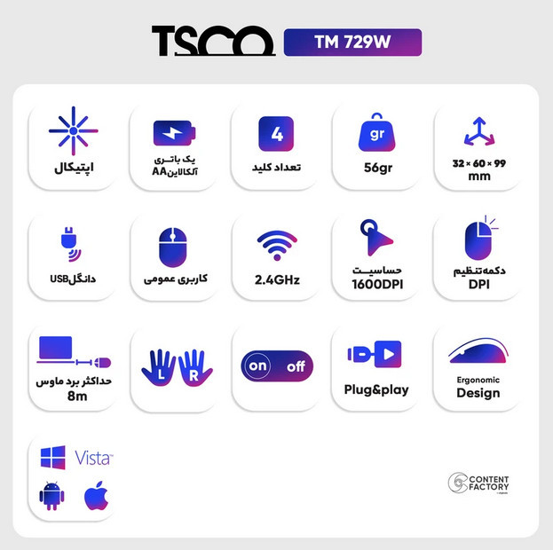 ماوس بی سیم تسکو (TSCO) مدل TM 729 W (گارانتی 12 ماهه توسن سیستم شرق )